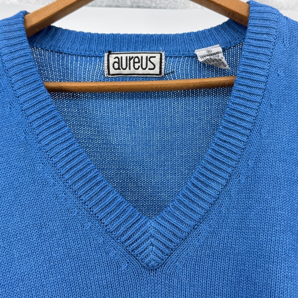 Vintage‎ Aureus Mens Blue Pullover V-Neck Knit Sweater Cotton Blend Size XL - Picture 8 of 10